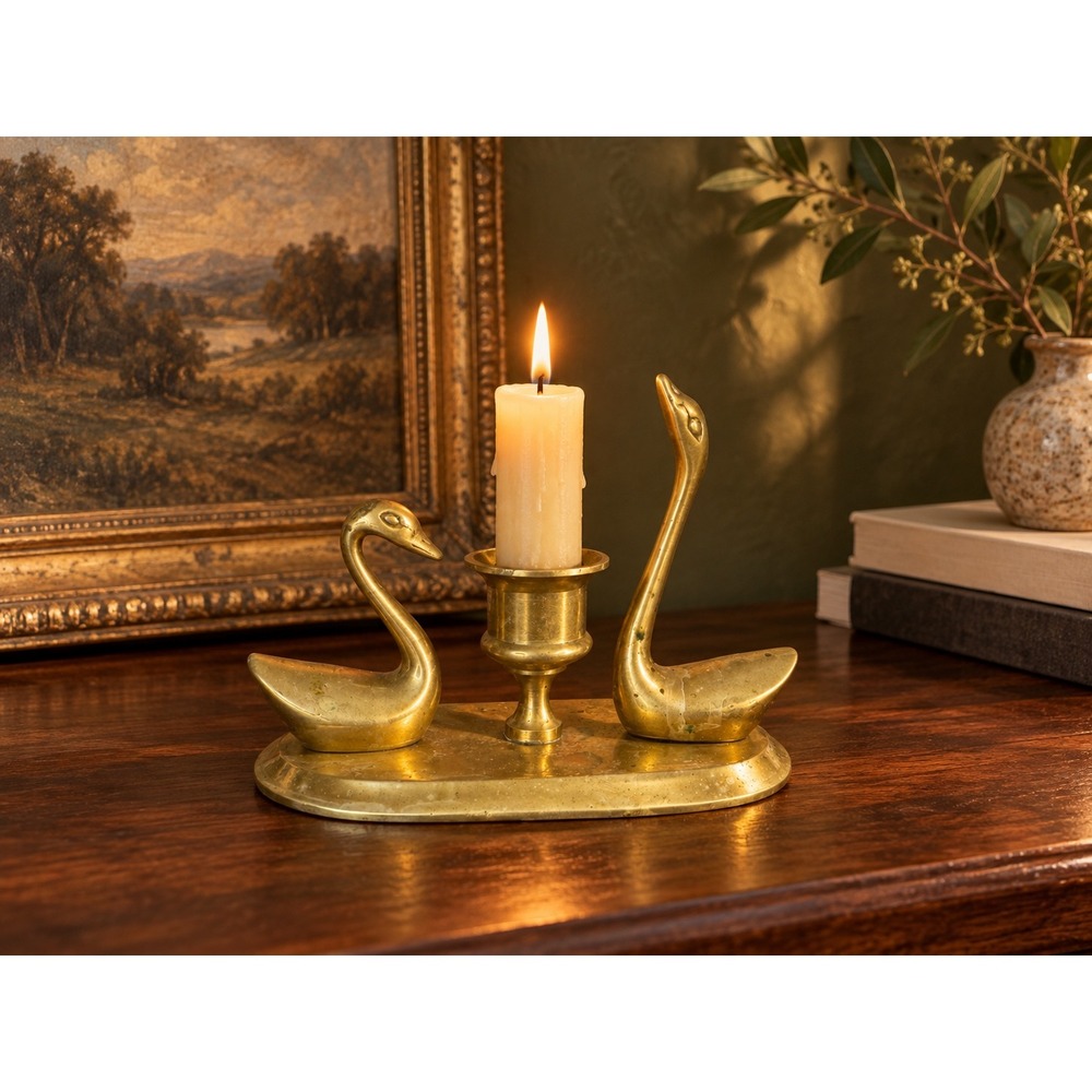 Vintage Brass Double Swan Taper Candleholder MCM Hollywood Regency 70s Patina